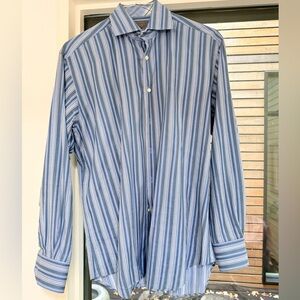 Thomas Dean Blue and White Striped Button Down Shirt